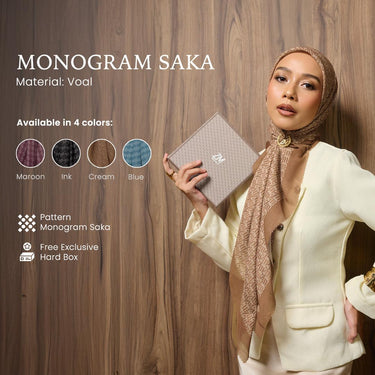 [INCLUDE HARD BOX] ZM Zaskia Mecca - Scarf Maroon Monogram Series Saka | Hijab Premium Square Motif Kerudung Segi Empat
